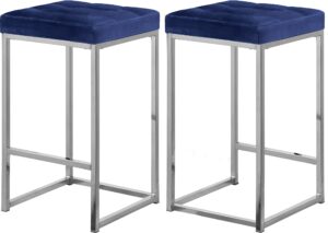 meridian furniture nicola collection modern | contemporary upholstered counter height stool with tufted seat and durable steel base, set of 2, navy velvet, 15" w x 15" d x 26.5" h
