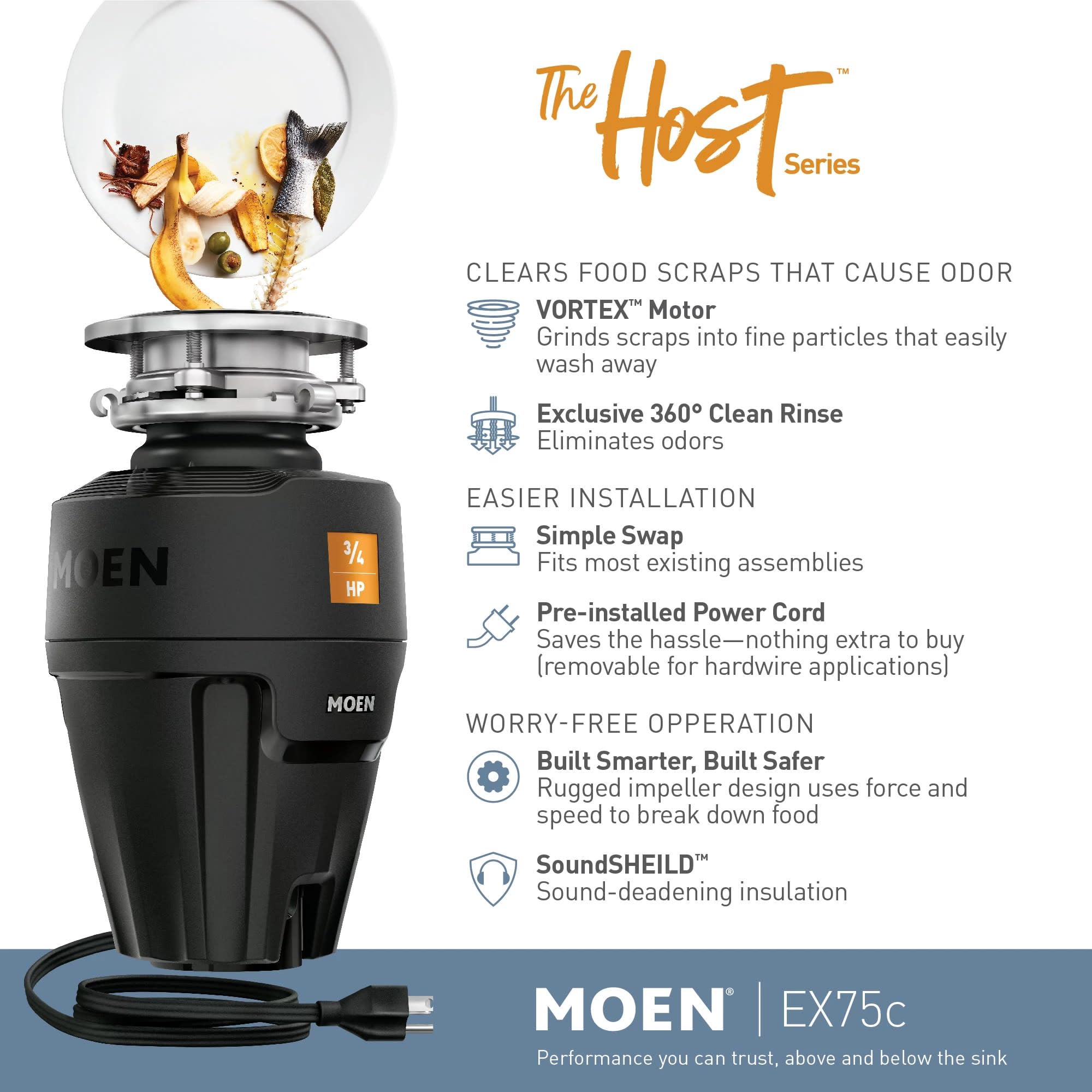 Moen EX75C GX Series Garbage Disposal, 3/4 HP, Unfinished