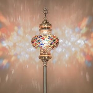 DEMMEX Biggest Size 10" Globe Turkish Moroccan Mosaic Floor Lamp, Bohemian Colorful Mosaic Glass Exotic Oriental Floor Lamp, Antique Brass Color Metal Body, 5.5ft Height, Handmade (Multicolored)