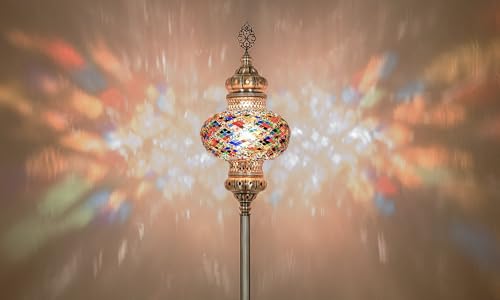 DEMMEX Biggest Size 10" Globe Turkish Moroccan Mosaic Floor Lamp, Bohemian Colorful Mosaic Glass Exotic Oriental Floor Lamp, Antique Brass Color Metal Body, 5.5ft Height, Handmade (Multicolored)