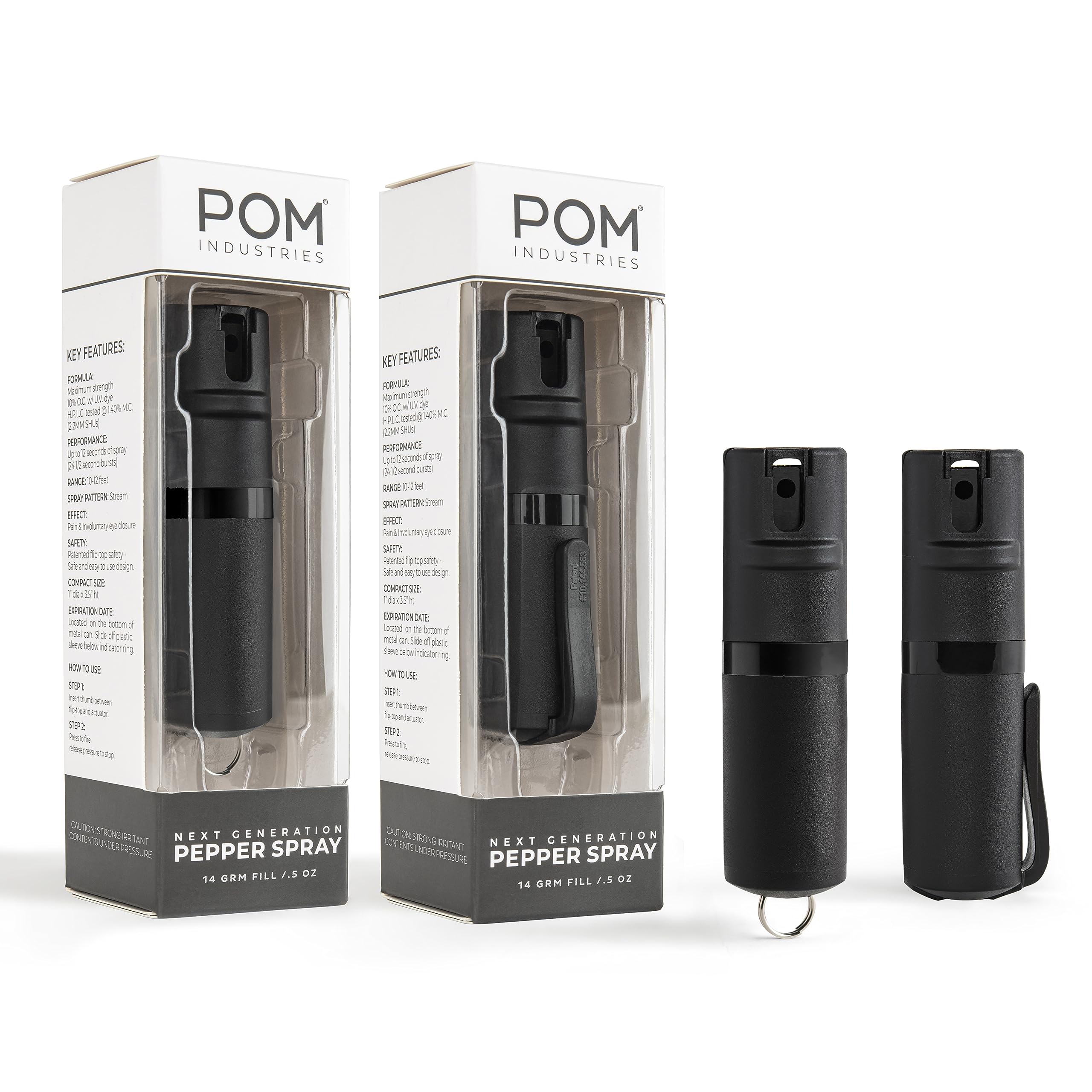 POM Pepper Spray Combo Pack Clip & Keychain - Maximum Strength OC Spray Self Defense- Tactical Compact & Safe Design - 25 Bursts & 10 ft Range - Stream Spray Pattern