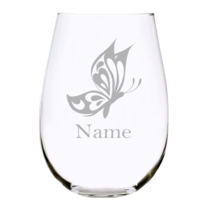 butterfly with name 17 oz. stemless wine glass