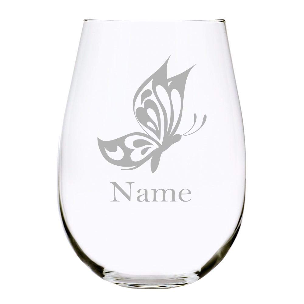 Butterfly with name 17 oz. stemless wine glass