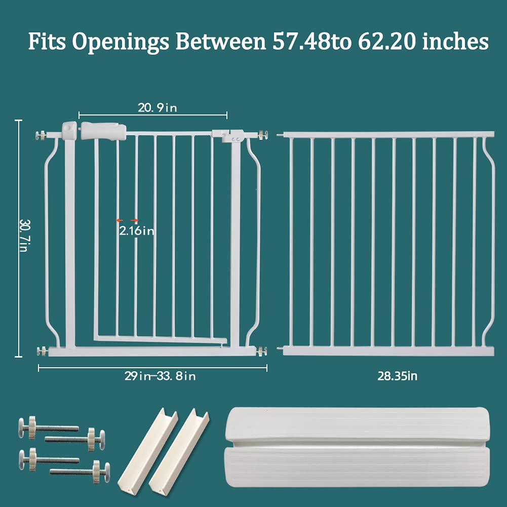 ALLAIBB Extra Wide Pressure Mounted Baby Gate Walk Through Child Kids Safety Toddler White Long Large Pet Dog Gates with Extension for doorways Kitchen and Living Room (57.48-62.20"/146-158cm)