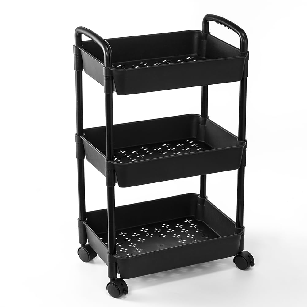 TXT&BAZ Tier Cart 3 Tiers Utility Rolling Cart with Lockable Wheels,Black