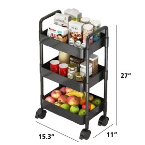 TXT&BAZ Tier Cart 3 Tiers Utility Rolling Cart with Lockable Wheels,Black