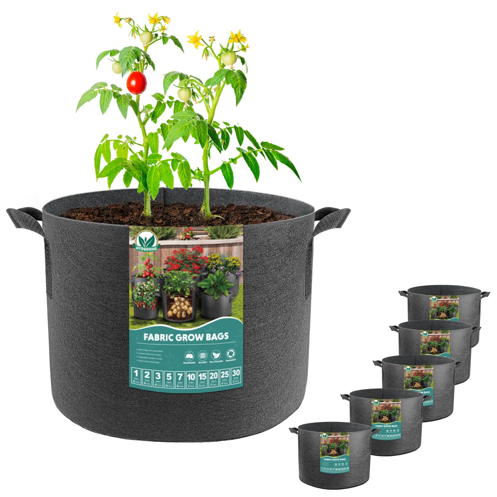 HYDGOOHO Plant Grow Bags 10 Gallons-5 Pack Multi-Purpose Nonwoven Fabric Pots with Durable Handles,Outdoor Garden Plant Pots for Vegetables Fruits Flowers Herb Succulent Bonsai Plants (Black)