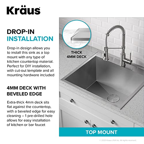 KRAUS Standart PRO 22-inch Drop-In Top Mount 16 Gauge Stainless Steel Single Bowl Laundry Utility Sink, KHT301-22L