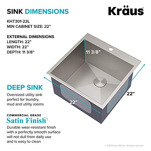 KRAUS Standart PRO 22-inch Drop-In Top Mount 16 Gauge Stainless Steel Single Bowl Laundry Utility Sink, KHT301-22L