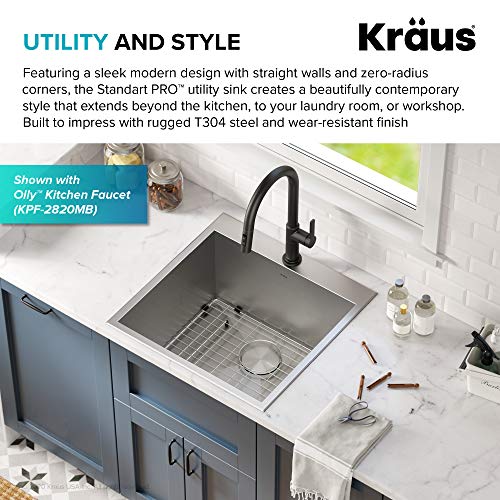 KRAUS Standart PRO 22-inch Drop-In Top Mount 16 Gauge Stainless Steel Single Bowl Laundry Utility Sink, KHT301-22L