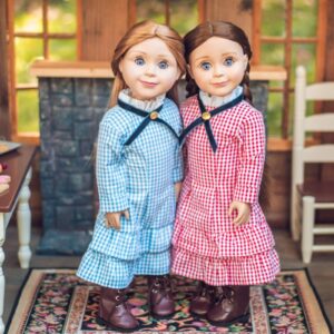 the queen's treasures 18 inch doll clothes, little house on the prairie authentic set of 2 laura & mary ingalls check dresses, compatible for use with american girl dolls