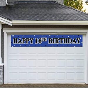 Large Happy 16th Birthday Banner, 16 Years Old Birthday Party Sign Blue, 16th Birthday Party Supplies Decorations (9.8 x 1.6 ft)