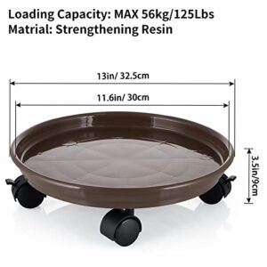 Skelang 13" Plant Caddy, Movable Plant Stand Pot Saucer, Plant Pallet Tray Trolley with Casters, Plant Dolly for Garden Planter, Deck Potted Plant, Each Load Capacity 125 Lbs, Pack of 2 (Brown)