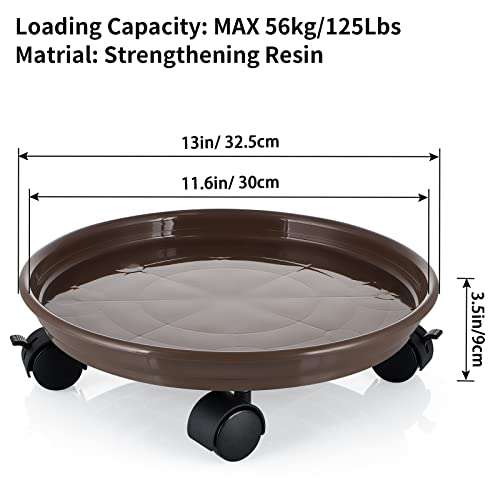 Skelang 13" Plant Caddy, Movable Plant Stand Pot Saucer, Plant Pallet Tray Trolley with Casters, Plant Dolly for Garden Planter, Deck Potted Plant, Each Load Capacity 125 Lbs, Pack of 2 (Brown)