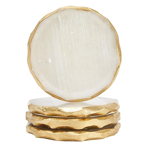 4 Pack Natural Selenite Crystal Coasters for Drinks, Geode Slices with Gold Painted Edge (3.75-4 in)