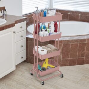 ECR4Kids 4-Tier Metal Rolling Utility Cart, Multipurpose Storage, Pink