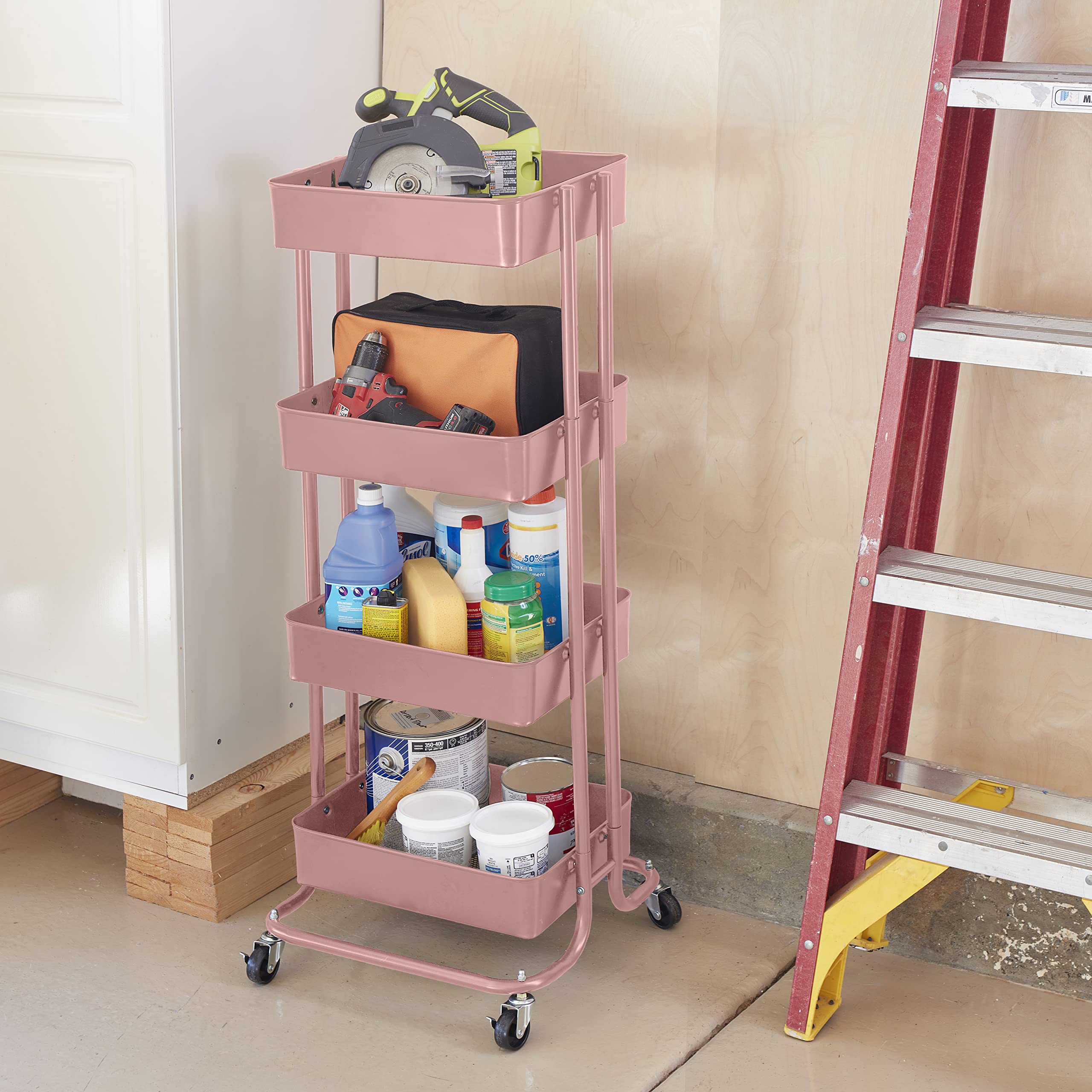 ECR4Kids 4-Tier Metal Rolling Utility Cart, Multipurpose Storage, Pink