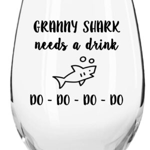 Granny Shark Needs a Drink Do Do Do Do Funny Novelty Libbey Stemless Wine Glass with Sayings - Gifts for Grandmas - For Birthdays & Any Special Occassions