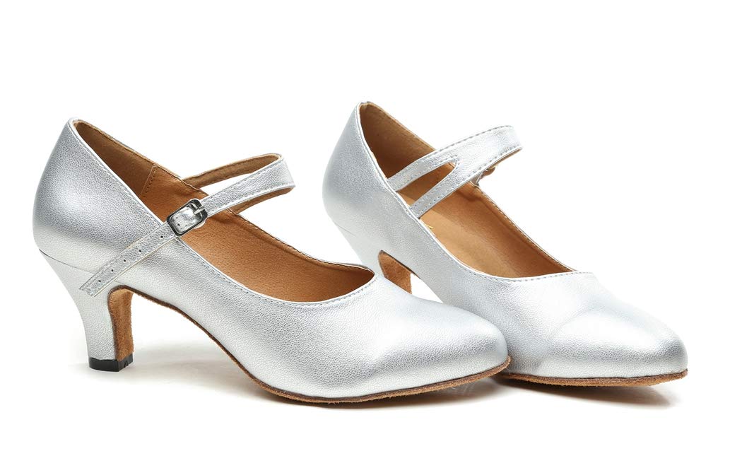 MGM-Joymod Women's Round Toe Mary Janes Mid Heel Leather Ballroom Practice Latin Modern Dance Shoes/Silver 8 M US