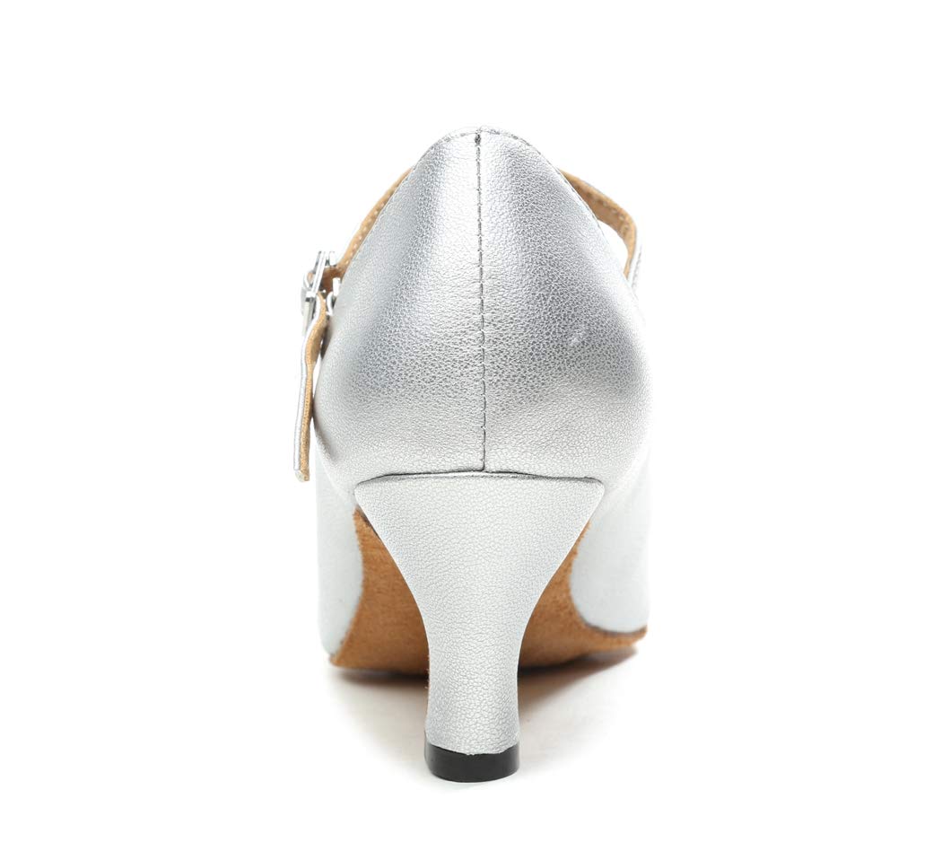 MGM-Joymod Women's Round Toe Mary Janes Mid Heel Leather Ballroom Practice Latin Modern Dance Shoes/Silver 8 M US