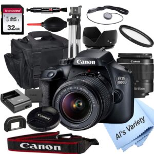 canon eos 4000d dslr camera with 18-55mm f/3.5-5.6 zoom lens + 32gb card, tripod, case, and more (18pc bundle)