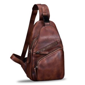genuine leather sling bag chest shoulder hiking backpack vintage handmade crossbody daypack (coffee)