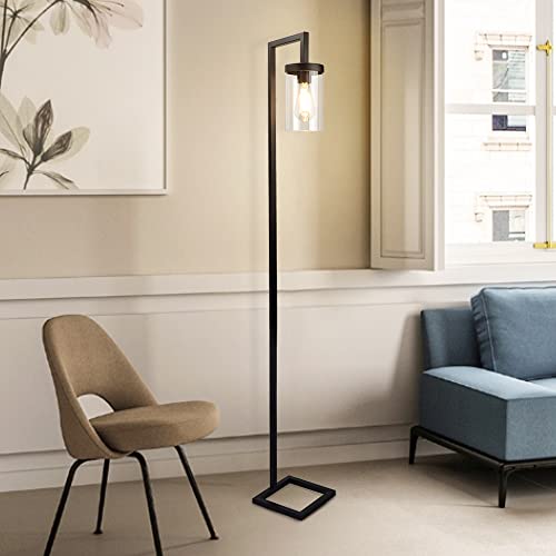 Depuley Industrial Floor Lamp, Modern Metal Standing Lamp with Hanging Glass Shade, Rustic Farmhouse Tall Pole Reading Lighting for Living Room Bedroom Office, 8W LED E26 Bulb Included, Black