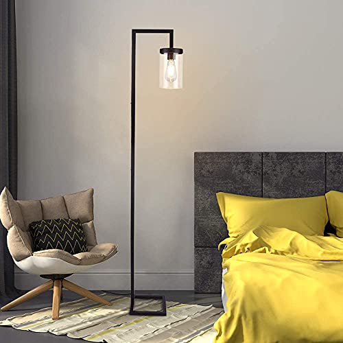 Depuley Industrial Floor Lamp, Modern Metal Standing Lamp with Hanging Glass Shade, Rustic Farmhouse Tall Pole Reading Lighting for Living Room Bedroom Office, 8W LED E26 Bulb Included, Black