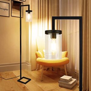 Depuley Industrial Floor Lamp, Modern Metal Standing Lamp with Hanging Glass Shade, Rustic Farmhouse Tall Pole Reading Lighting for Living Room Bedroom Office, 8W LED E26 Bulb Included, Black