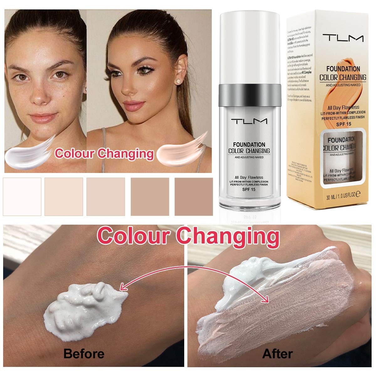 3PCS TLM Concealer Cover Cream, Flawless Colour Changing Warm Skin Tone Foundation Makeup, Base Nude Face Liquid Cover Concealer