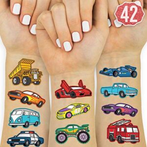 xo, fetti cars and trucks temporary tattoos for kids - 42 foil style | birthday party supplies, race car party favors + construction decor