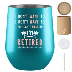 fancyfams retirement gifts for women 12 oz stainless steel vacuum insulated wine tumbler with lid and straw - retirement gifts - happy retirement - gift ideas - adventure begins (turquoise)