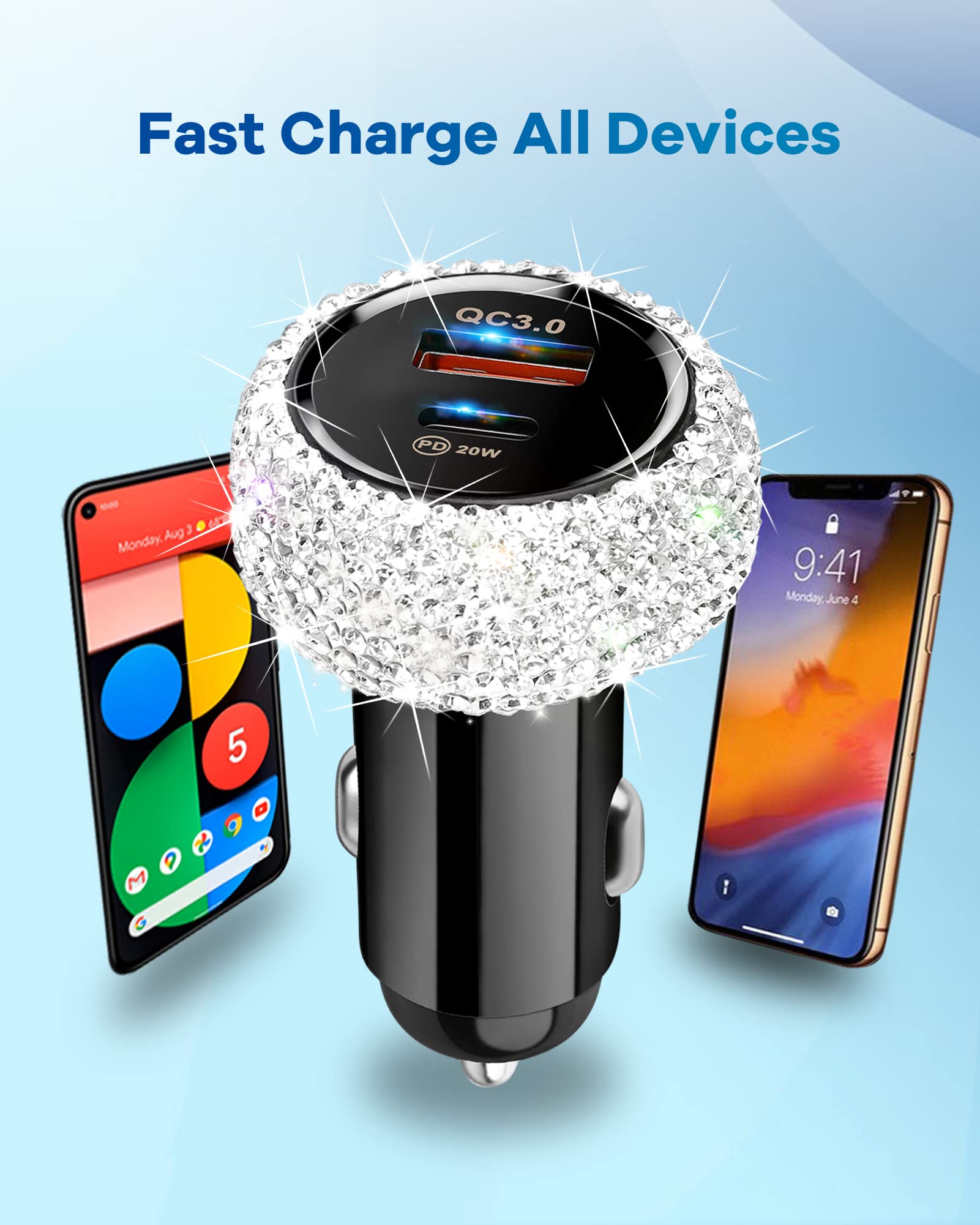 Bling iPhone Fast Car Charger, 20W USB C Car Charger [Apple MFi Certified] PD + QC Dual Port Fast Charging Adapter with 3.2FT Type-C to Lightning Cable for iPhone 14 13 12 Pro Max