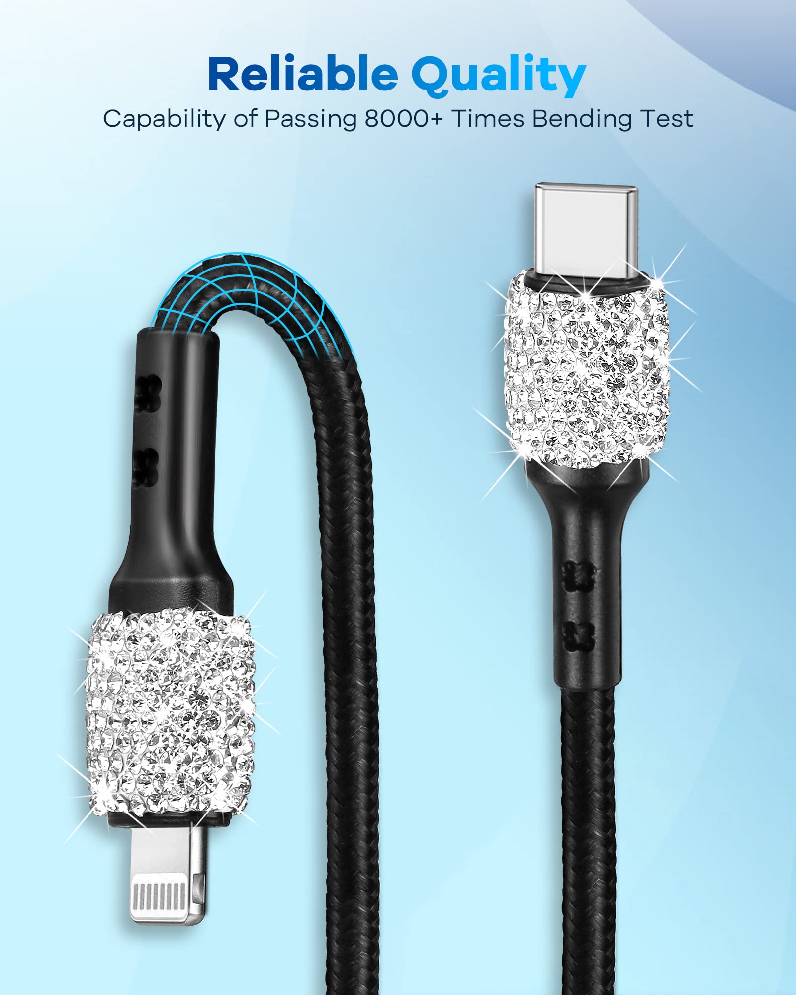 Bling iPhone Fast Car Charger, 20W USB C Car Charger [Apple MFi Certified] PD + QC Dual Port Fast Charging Adapter with 3.2FT Type-C to Lightning Cable for iPhone 14 13 12 Pro Max