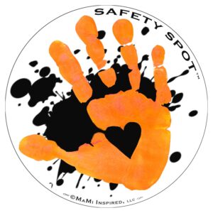 safety spot magnet - kids handprint for car parking lot safety - white with black splat background (orange)