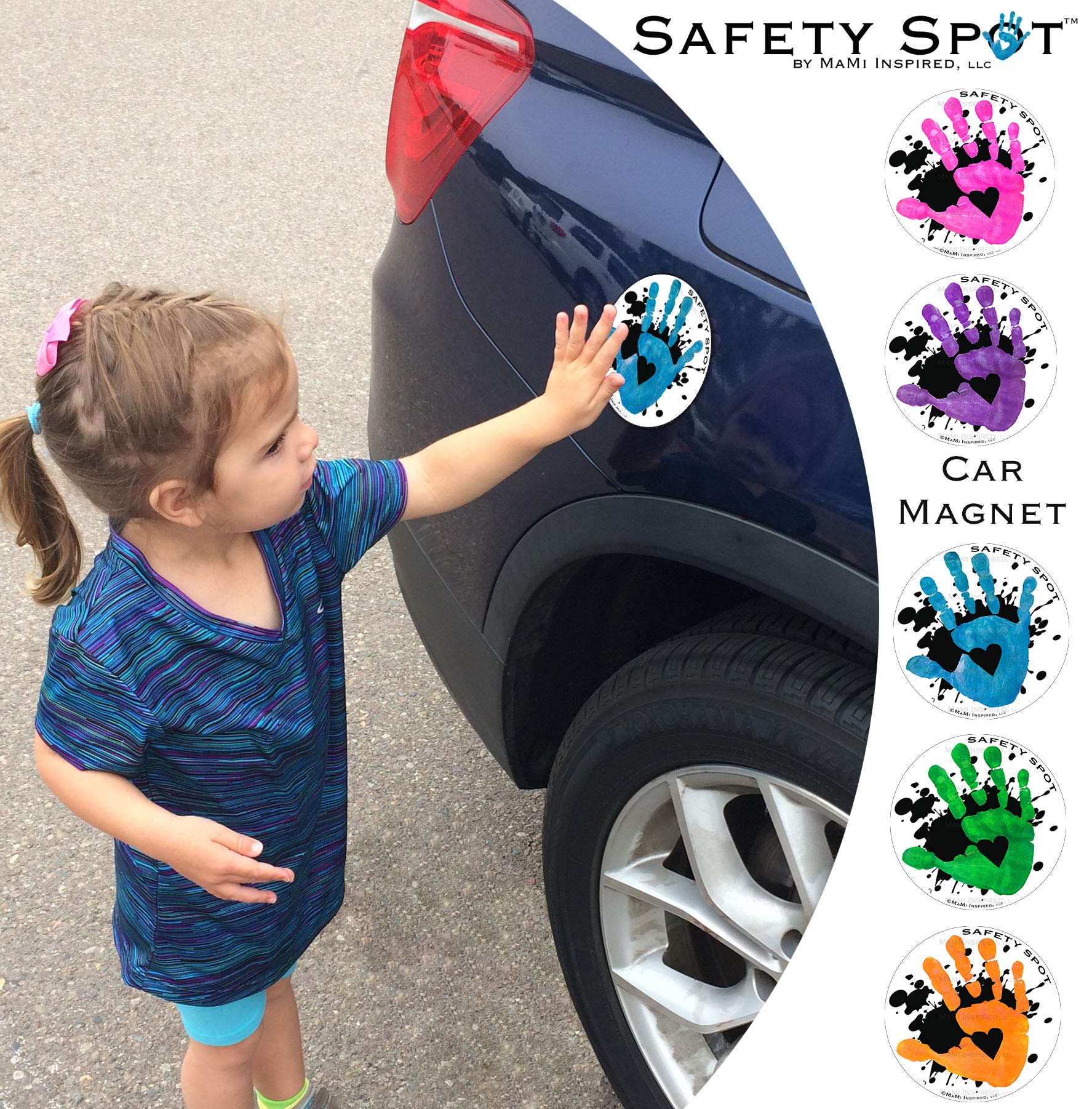 Safety Spot Magnet - Kids Handprint for Car Parking Lot Safety - White with Black Splat Background (Orange)