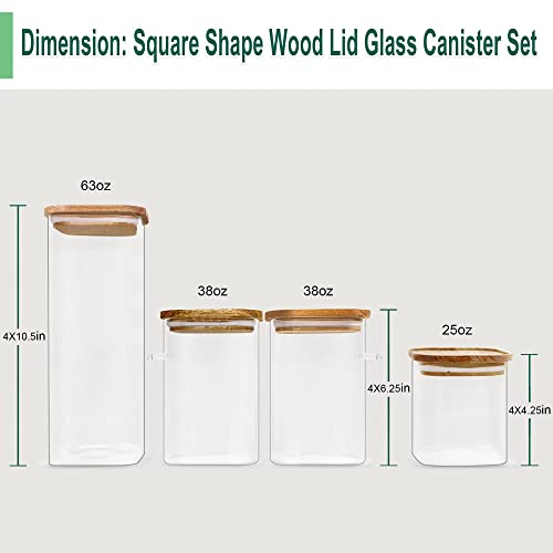 Square Glass food storage Containers with Airtight Lids, 2 Pack with 2 Wooden Spoon, Glass Jars with Wood Lids, Airtight Glass Canisters Sets with lids, Glass Coffee Storage Containers with Wood Lid