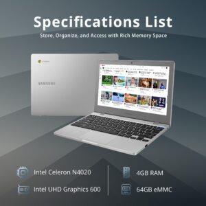 Samsung 2020 Chromebook 4 Laptop Computer 11.6" HD Display, Intel Celeron N4000 Processor, 4GB RAM, 16GB eMMC, HD Webcam, Intel HD Graphics, Chrome OS, Platinum Titan, 32GB Snow Bell USB Card