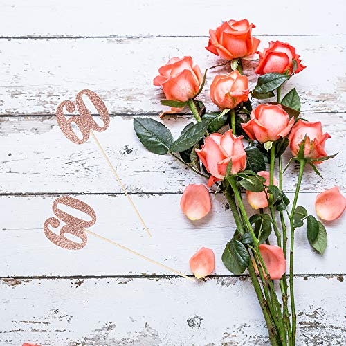 Sumerk 8 PCS 60th Birthday Centerpiece Sticks Rose Gold Glitter 60 Table Centerpieces Flower Toppers for Anniversary Birthday Party Decoration Supplies