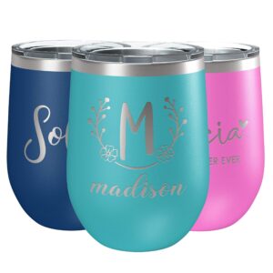 personalized wine tumblers, 12 oz sky blue, 12 designs, stainless steel custom wine tumblers, double-wall, vacuum insulated, personalized gifts for women