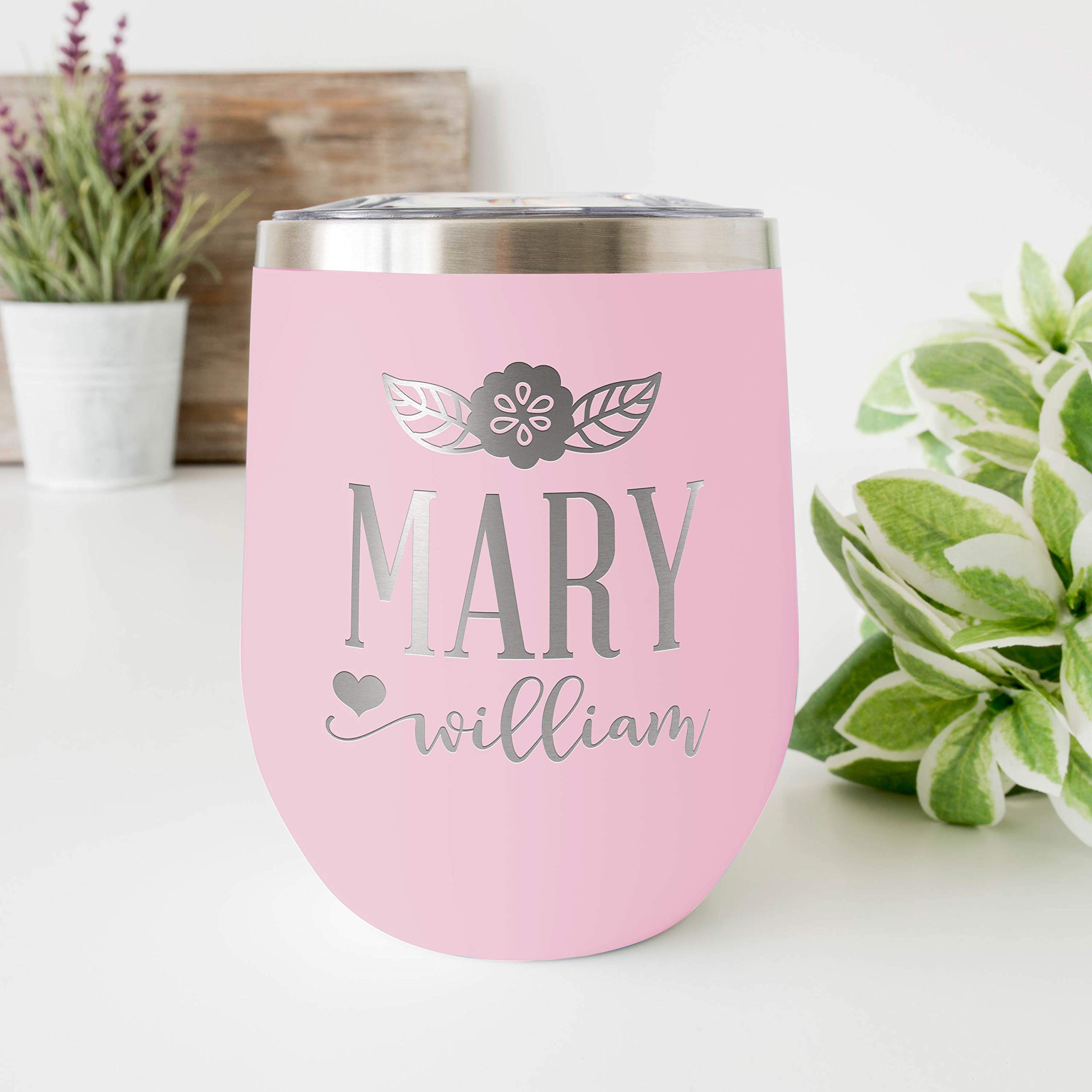 Personalized Wine Tumblers, 12 oz Sky Blue, 12 Designs, Stainless Steel Custom Wine Tumblers, Double-Wall, Vacuum Insulated, Personalized Gifts for Women