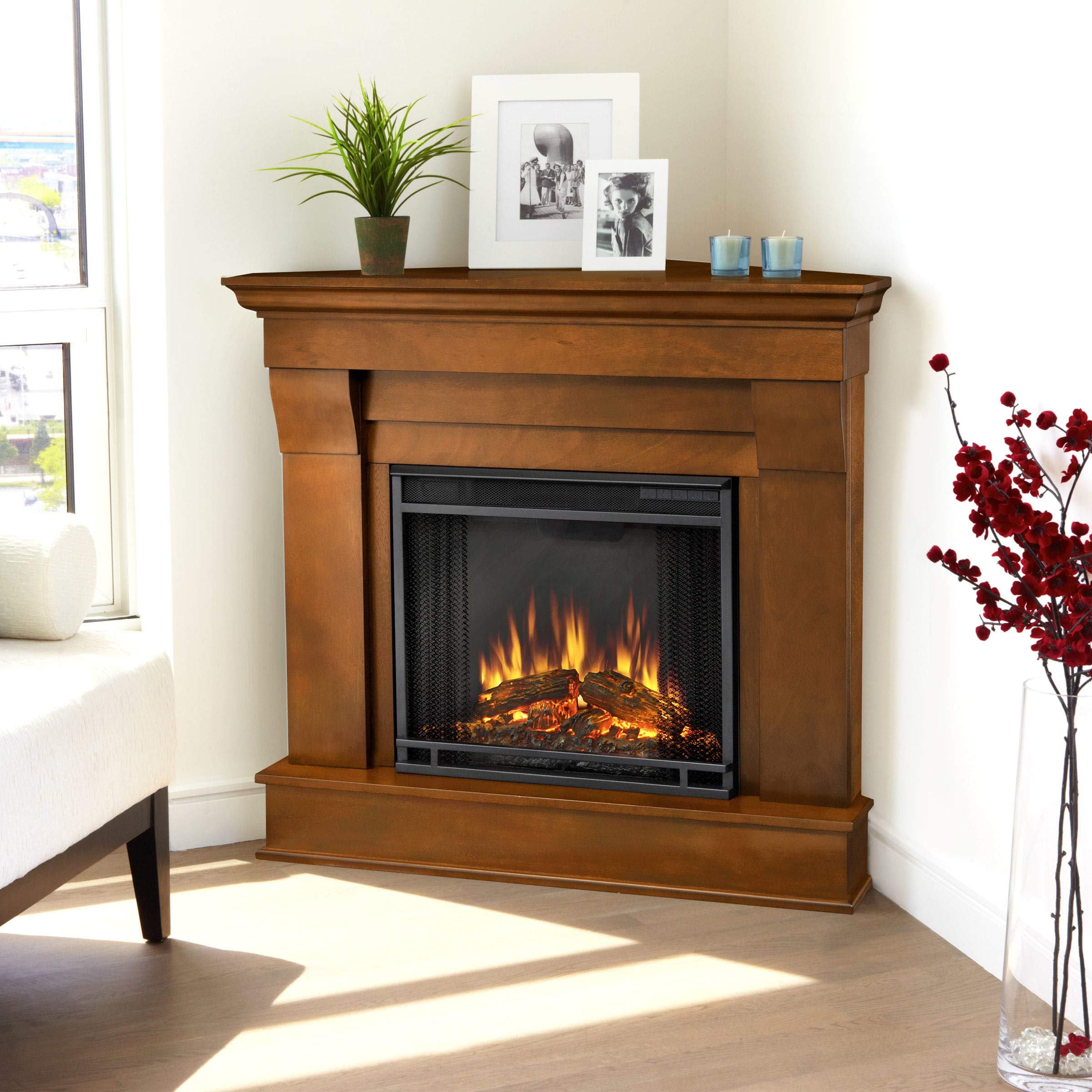 Espresso Finish Electric Corner Fireplace by Brown Classic Wood Programmable