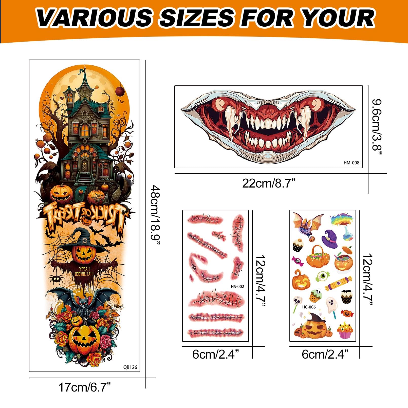 Aresvns Halloween Zombie Makeup Temporary Tattoos kit,30 sheets Clown Horror Mouth Tattoo Halloween face tattoo Sleeve Tattoos for adult and kids