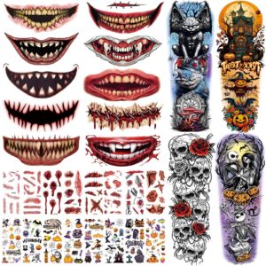 Aresvns Halloween Zombie Makeup Temporary Tattoos kit,30 sheets Clown Horror Mouth Tattoo Halloween face tattoo Sleeve Tattoos for adult and kids