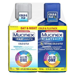 mucinex fast-max cold and flu & nightshift severe cold and flu medicine for adults, over-the-counter medication combo pack for sore throat relief, decongestant, cough & cold medicines, 2 x 6 fl oz