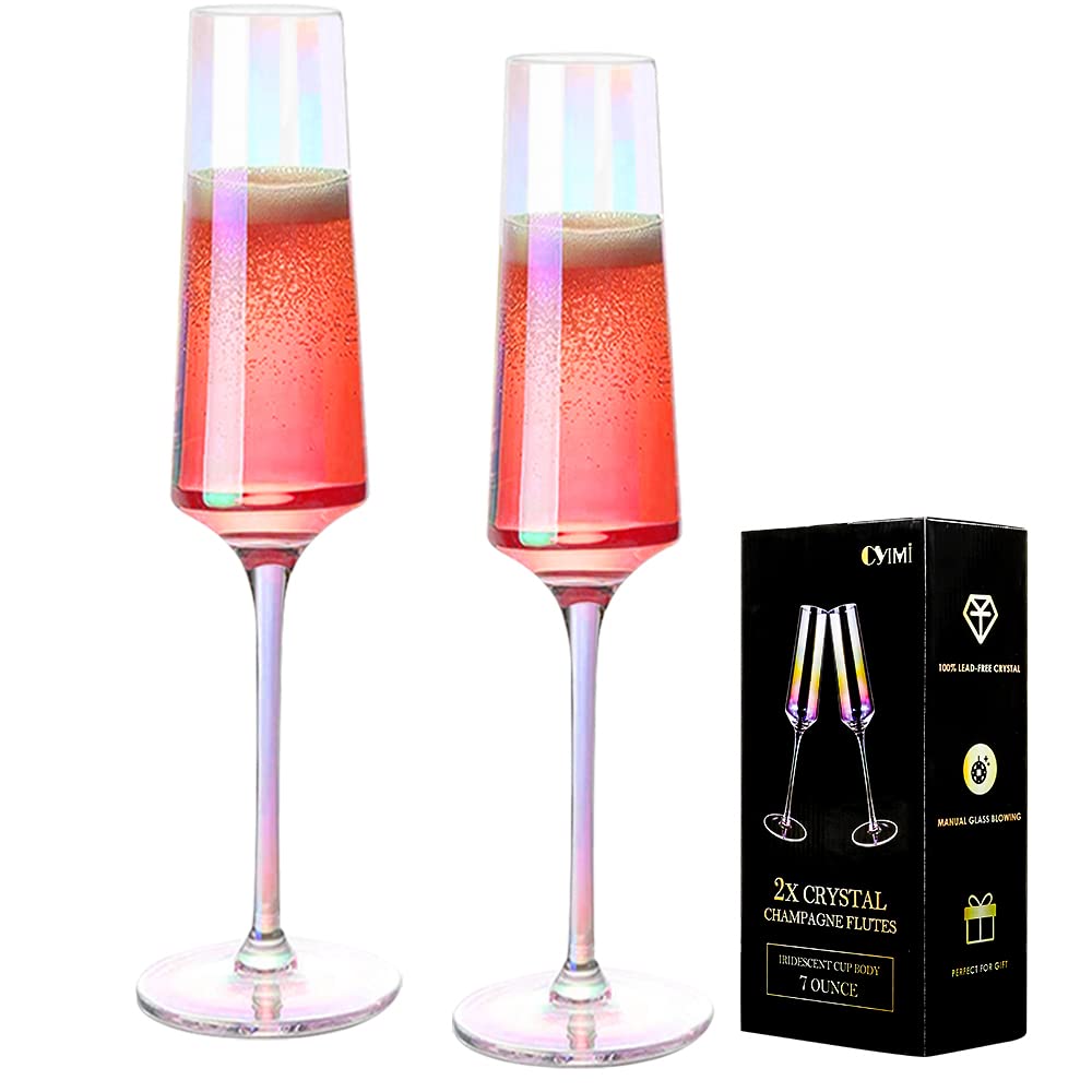 Cyimi Crystal Champagne Glass Flutes Set of 2 Iridescent, Premium Modern Champagne Glasses, Hand Blown Pearl Classic Champagne Flutes for Elegant Gift(Colorful,7 OZ)