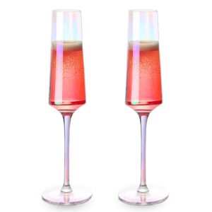 Cyimi Crystal Champagne Glass Flutes Set of 2 Iridescent, Premium Modern Champagne Glasses, Hand Blown Pearl Classic Champagne Flutes for Elegant Gift(Colorful,7 OZ)