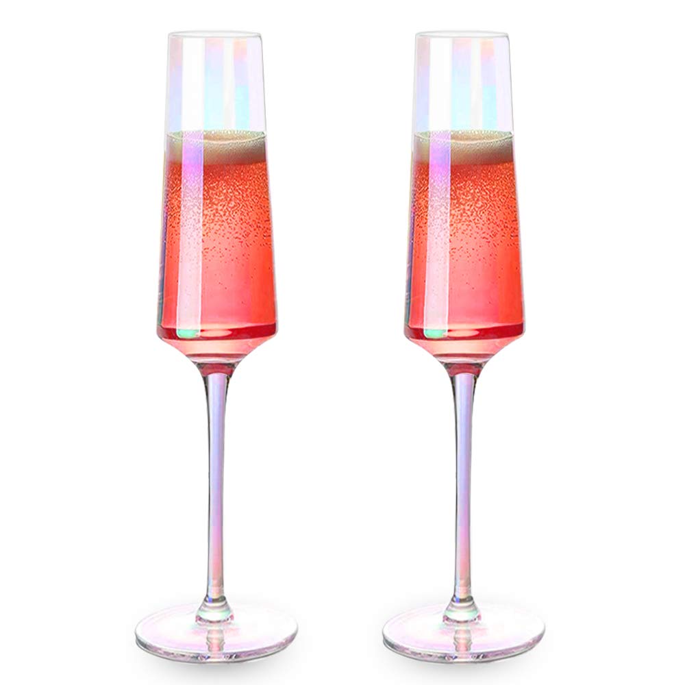 Cyimi Crystal Champagne Glass Flutes Set of 2 Iridescent, Premium Modern Champagne Glasses, Hand Blown Pearl Classic Champagne Flutes for Elegant Gift(Colorful,7 OZ)