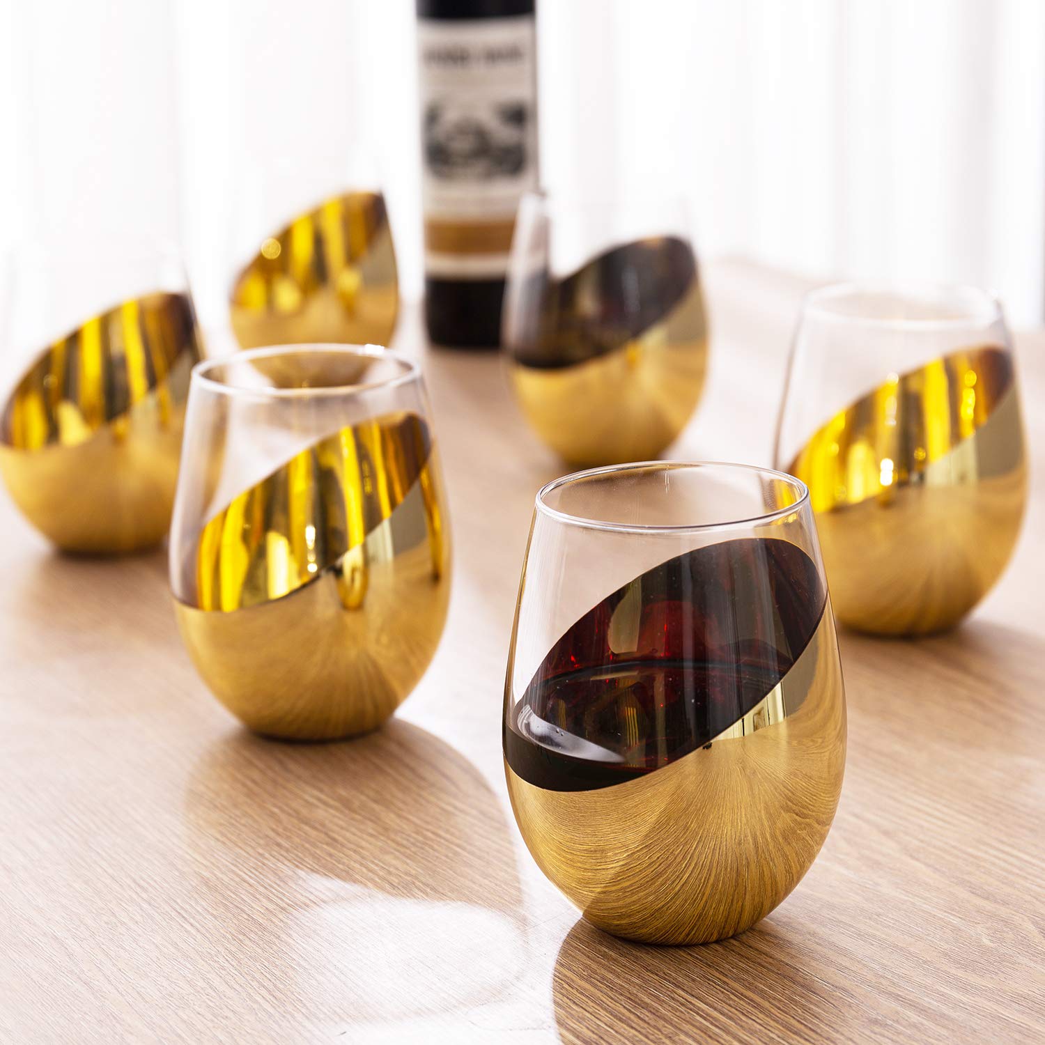 MyGift Modern Stemless Wine Glass Set of 6, White or Red Wine Glasses with Brass Metallic Bottom Angled Design