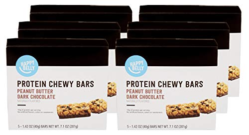 Amazon Brand - Happy Belly Protein Chewy Bars, Peanut Butter & Dark Chocolate, 30 Count (6 Packs of 5)